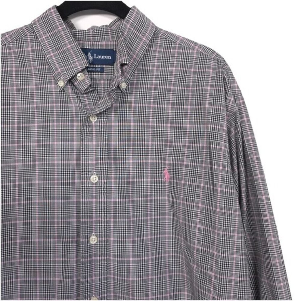 RALPH LAUREN Men's Shirt LARGE Classic Fit Plaid Check Gray Pink Long Sleeve